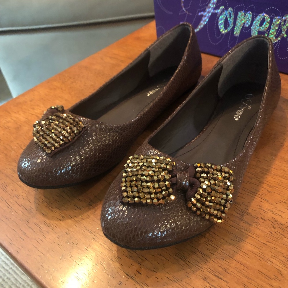 Brown Embellished Bow Ballet Flats - Forever 21